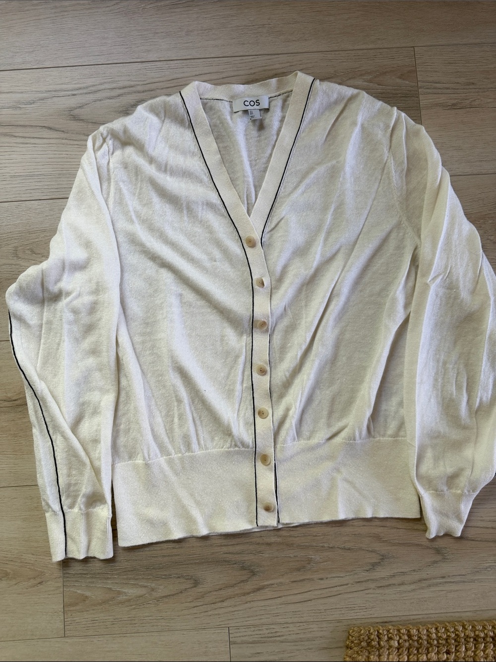 COS Cream Button-Up Cardigan with Black Contrast Piping. Wool and linen blend. L